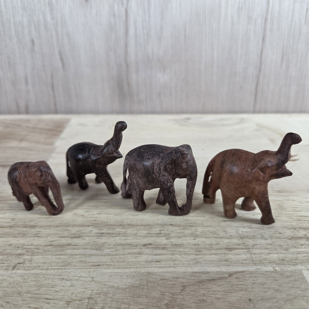 Vintage Hand Carved Wood Elephant Family Set 4 Miniature Folk Art Figurines
